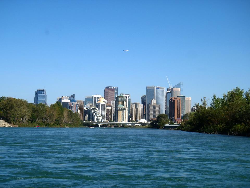 Calgary Downtown Skyline from Bow River Rafting